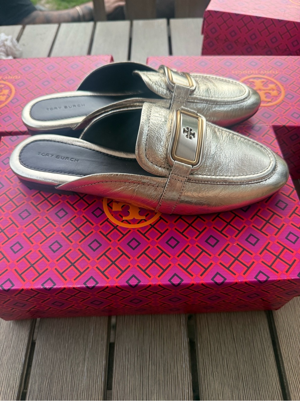 Tory Burch Georgia Backless Loafer Mule Spark Gold Metallic Leather NIB Size 8